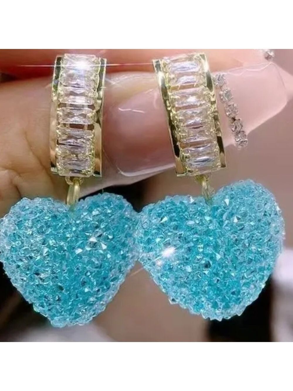 Blue Spun Crystal Heart Drop Stud Earrings - Picture 1 of 1